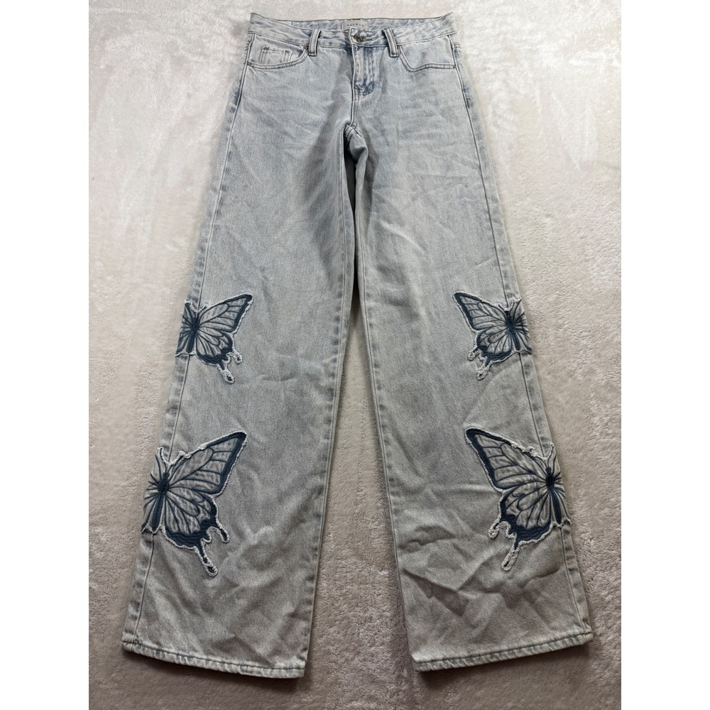 PacSun Womens Casey Low Rise Baggy Butterfly Applique Blue Jeans 24 Meas: 28x32